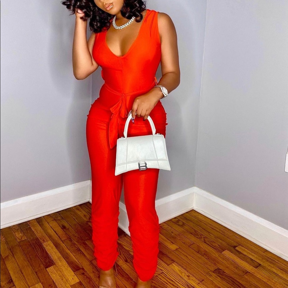 Red Ruched Jumpsuit